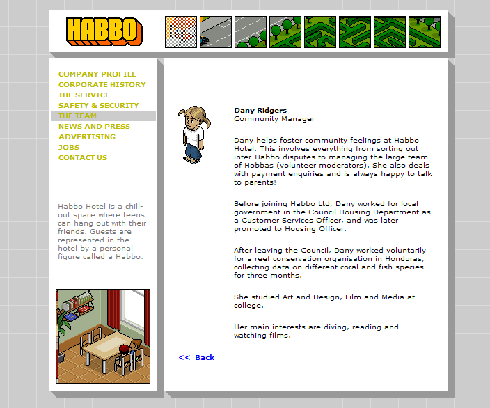 Dany's Role at Habbo listed on the 2001 Habbo Hotel UK Website